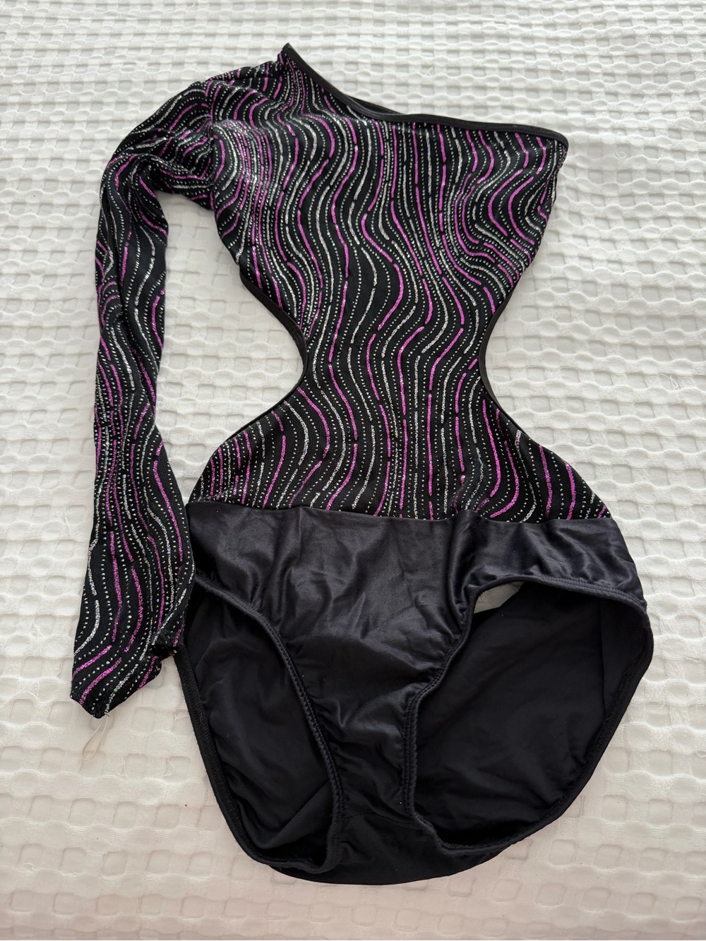 Costume Depot Asymmetric One-Shoulder Dance bodysuit in Black with Pink Wave